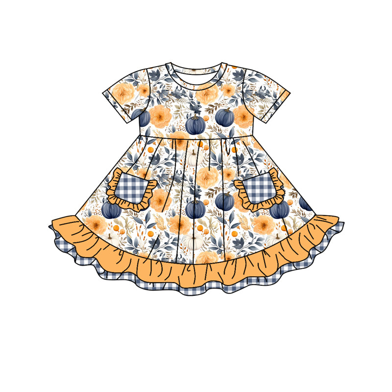 5.11custom each style moq 5eta 4-5week Sibling Sister flower pumpkin prints gold blue plaid girls set and baby romper and dress match family design