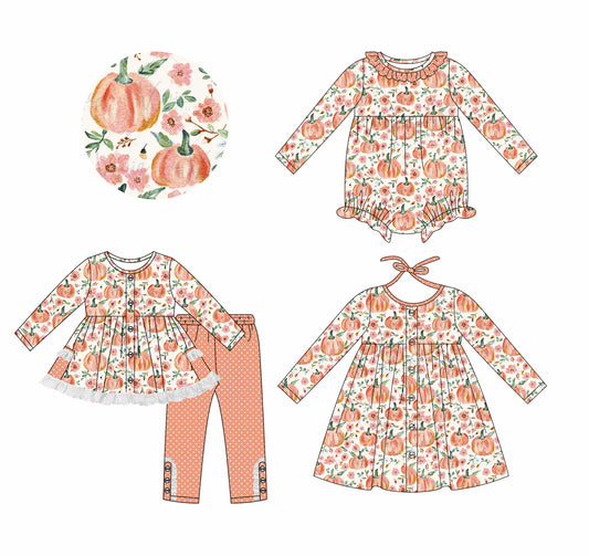 25.7.4 custom each style moq 5eta 4-6week Sibling Sisters pumpkin baby girl long sleeve pants sets and dress and rompers match family design