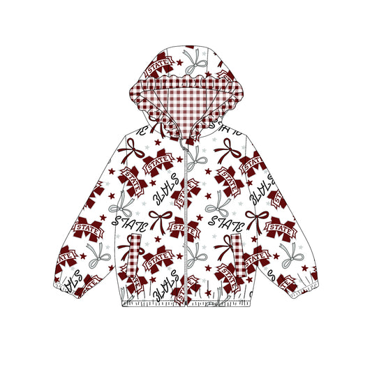 Custom moq 5 mix size milk silk summer teams baby girls clothes lace bow brick red hooded long sleeve top-25.9.2