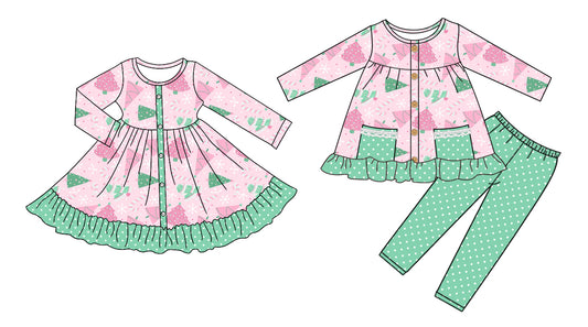 25.6.21 custom each style moq 5eta 4-6week Sibling Sisters Christmas trees baby girl long sleeve pants sets and dress match family design