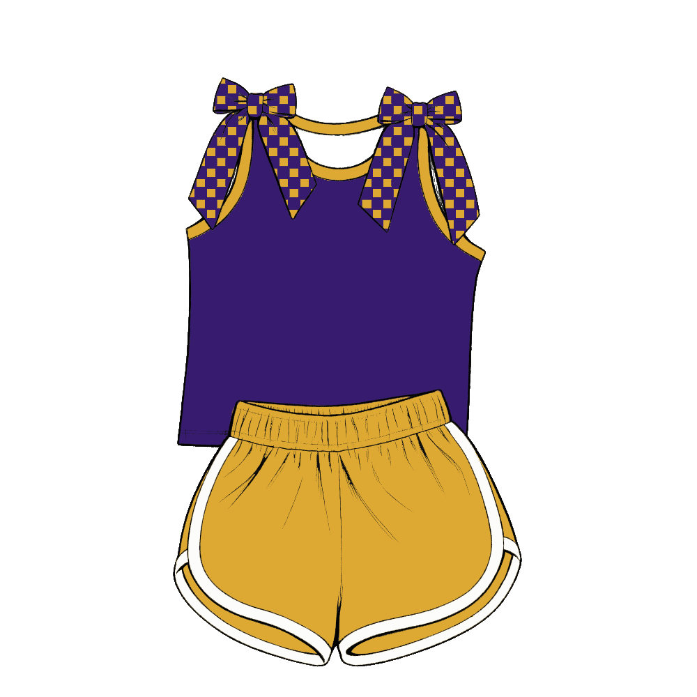 custom moq 5 mix size Baby Girls Bow Sleeveless Purple Top Shorts Summer Casual Clothes Set