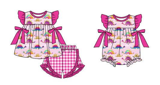 11.3 custom each style moq 5eta 4-6week Sibling Sister dinosaur baby girl short sleeve shorts sets and rompers match design