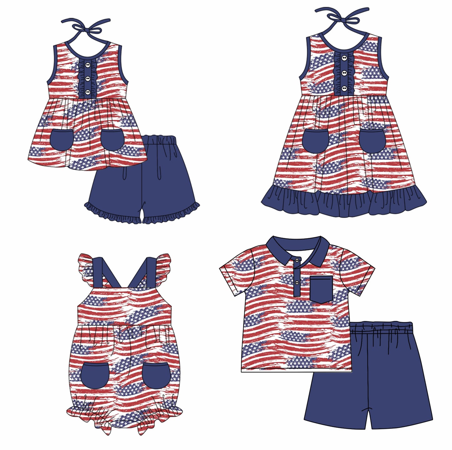 11.23 custom each style moq 5eta 4-6week Sibling Sister 4th of july baby girl short sleeve shorts sets and sets 2 and girls romper and dress match design