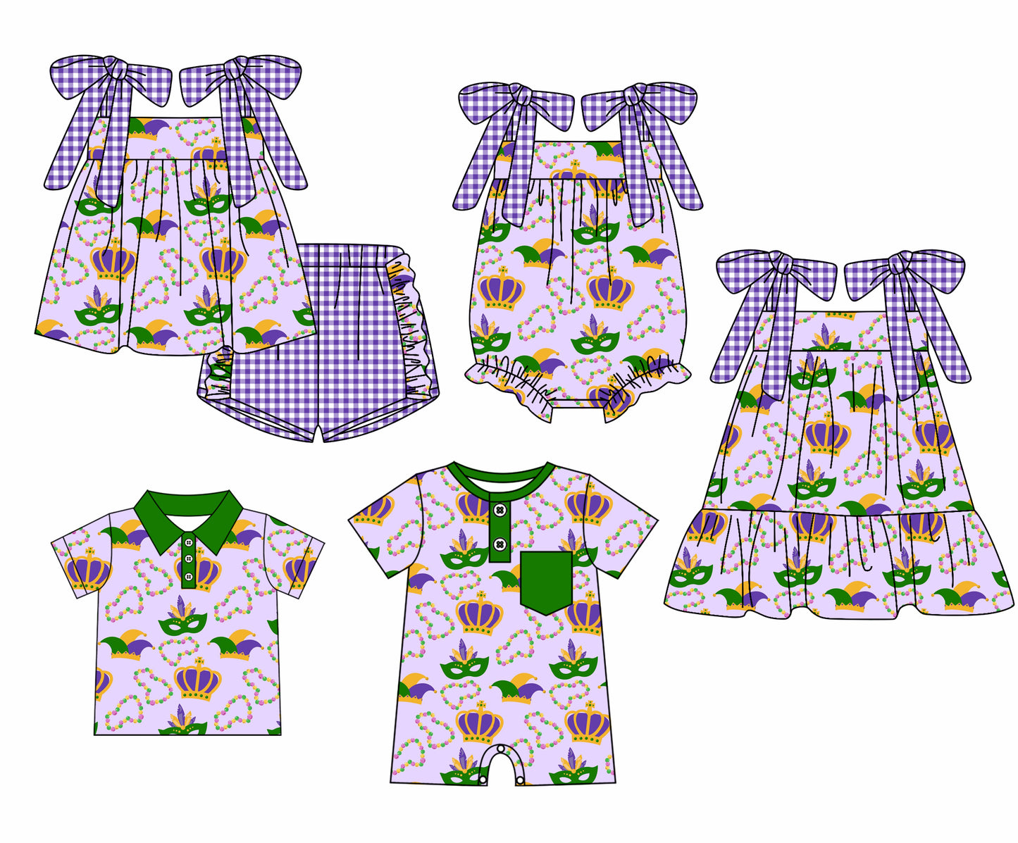 12.3 custom each style moq 5eta 4-6week Sibling Sister mardi gras baby girl short sleeve shorts sets and sets 2 and girls romper and boy romper and dress match design
