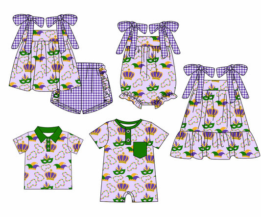 12.3 custom each style moq 5eta 4-6week Sibling Sister mardi gras baby girl short sleeve shorts sets and sets 2 and girls romper and boy romper and dress match design