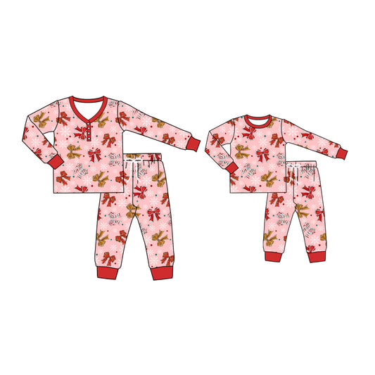 25.5.13 custom each style moq 5eta 4-6week Sibling Sister Christmas bow long sleeve pants sets and adult sets match design