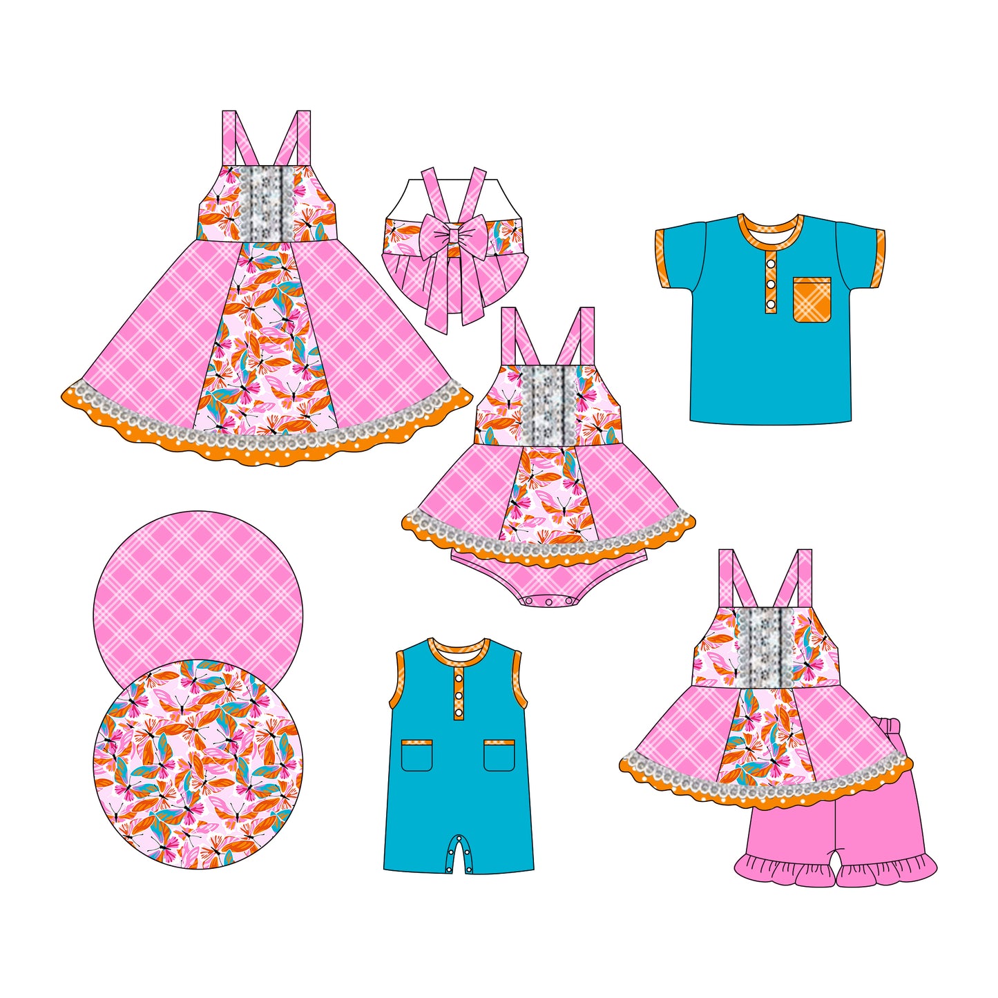 3.6 custom each style moq 5eta 4-6week Sibling Sisters baby girl short sleeve shorts sets and dress and rompers match family design
