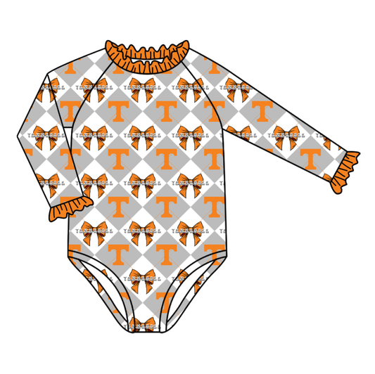 Custom moq 5 mix size orange swim fabric Checkered team swimsuits girls  swim