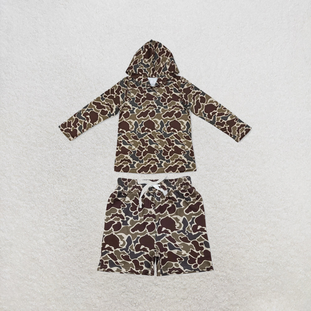 RTS NO MOQ Sibling milk silk Baby Boys Dark Khaki Camo Long Sleeve Hoodies Top Pocket Short Clothes Set