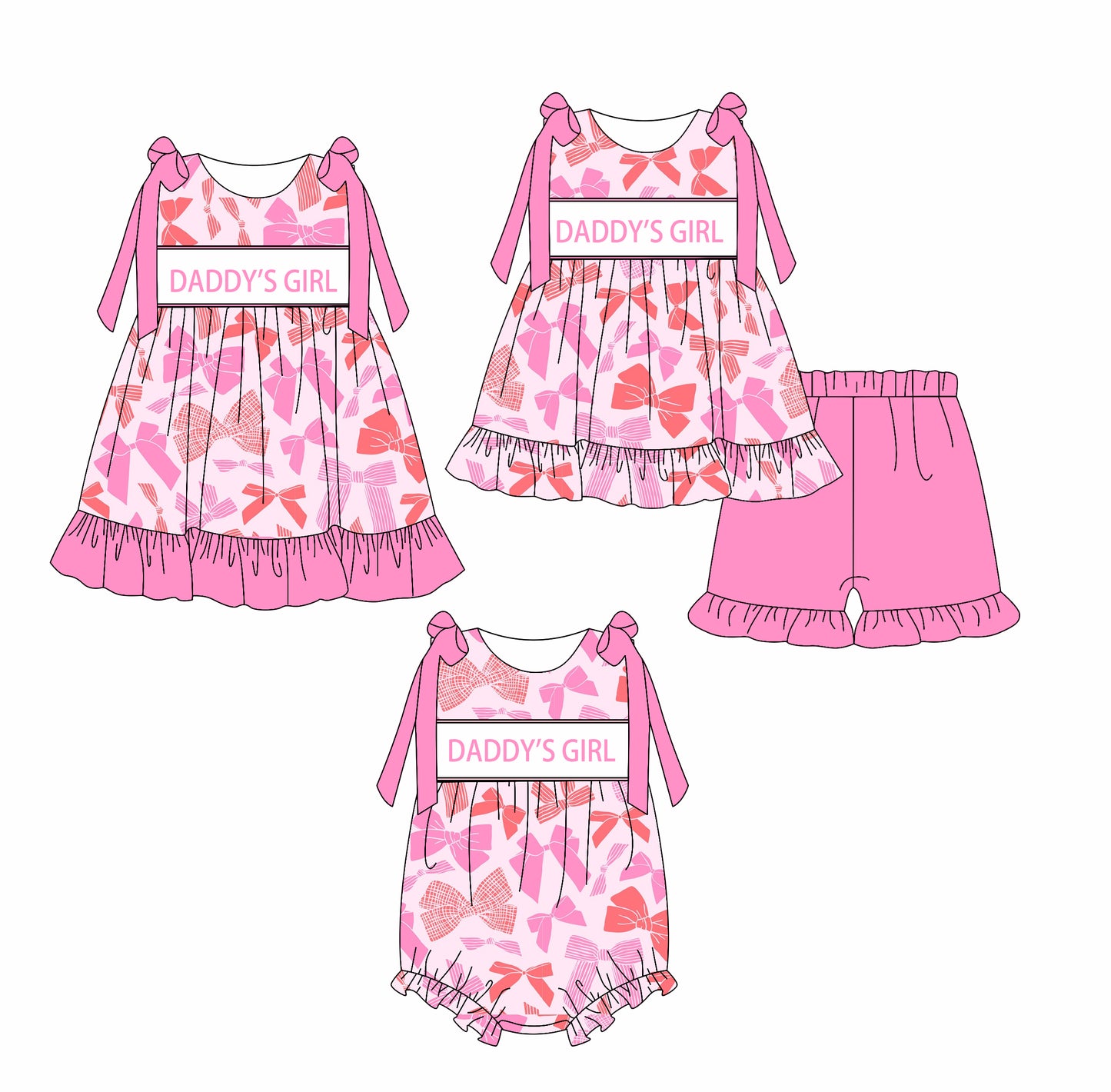 2.18 custom each style moq 5eta 4-6week Sibling Sisters DADDY GIRL bow baby girl short sleeve shorts sets and dress and rompers match family design
