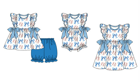 11.30 custom each style moq 5eta 4-6week Sibling Sister baseball bow blue baby girl short sleeve shorts sets and dress and rompers match family design