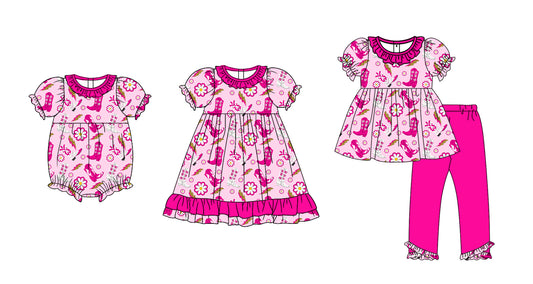 12.2 custom each style moq 5eta 4-6week Sibling Sister boots floral pink baby girl sets and dress and rompers match family design