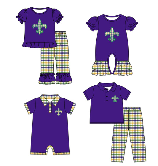 25.9.6 custom each style moq 5 eta 4-6week Sibling Sisters mardi gras purple baby girl short sleeve pants sets 1 and sets 2 and romper 1 and romper 2 match family design
