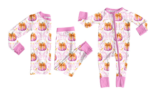 25.6.9 custom each style moq 5eta 4-6week Sibling Sisters pumpkin floral bow pink baby girl long sleeve pants sets and rompers match family design
