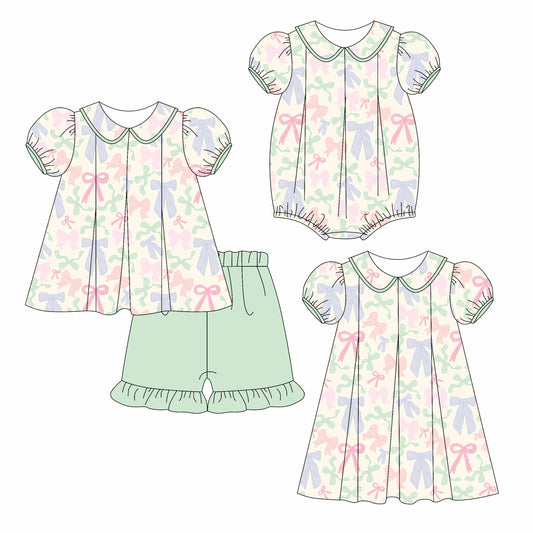 3.24 custom each style moq 5eta 4-6week Sibling Sisters bow baby girl short sleeve shorts sets and dress and rompers match family design