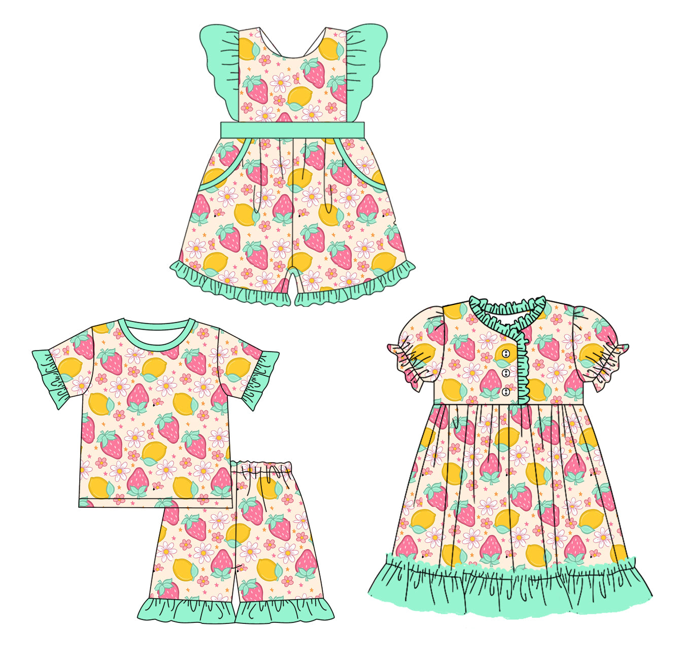 12.10 custom each style moq 5eta 4-6week Sibling Sister strawberry baby girl short sleeve shorts sets and dress and jumpsuits match family design