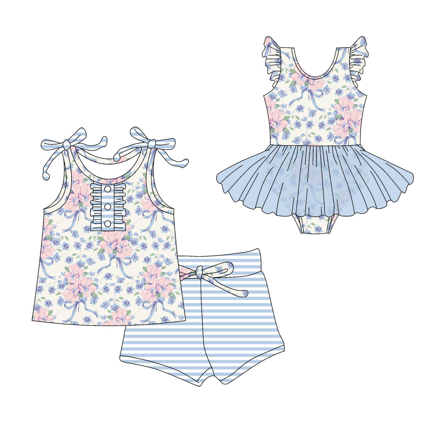 3.1 custom each style moq 5eta 4-6week Sibling Sister bow floral baby girl short sleeve shorts sets and romper match design