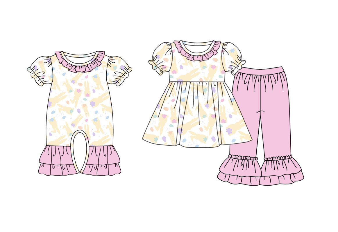 25.9.17 custom each style moq 8 eta 6-8week Sibling Sisters bunny floral baby girl clothes short sleeve pants sets and romper match family design