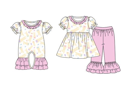 25.9.17 custom each style moq 8 eta 6-8week Sibling Sisters bunny floral baby girl clothes short sleeve pants sets and romper match family design