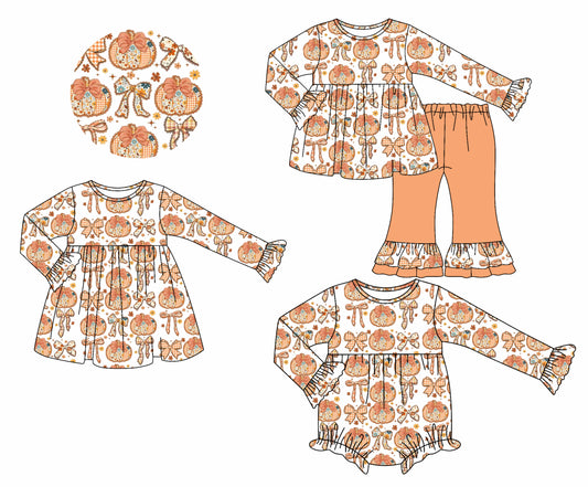25.7.8 custom each style moq 5eta 4-6week Sibling Sisters pumpkin bow baby girl long sleeve pants sets and dress and rompers match family design