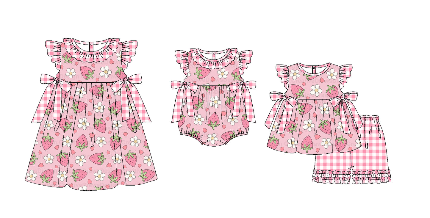 11.19 custom each style moq 5eta 4-6week Sibling Sister strawberry baby girl short sleeve shorts sets and dress and rompers match family design
