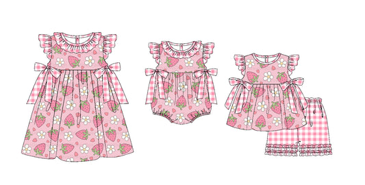11.19 custom each style moq 5eta 4-6week Sibling Sister strawberry baby girl short sleeve shorts sets and dress and rompers match family design