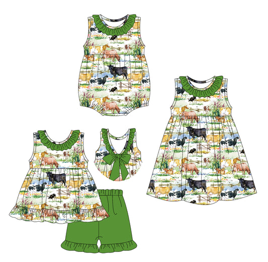 3.19 custom each style moq 5eta 4-6week Sibling Sisters cow horse baby girl short sleeve shorts sets and dress and rompers match family design