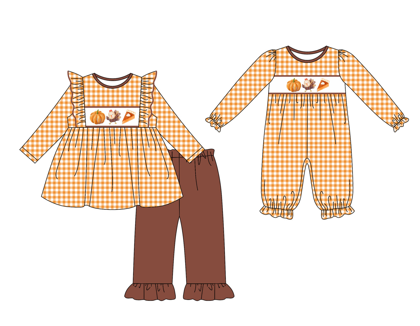 25.7.18 custom each style moq 5eta 4-6week Sibling Sister pumpkin turkey cake baby girl long sleeve pants sets and rompers match family design