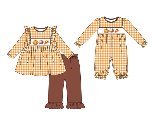 25.7.18 custom each style moq 5eta 4-6week Sibling Sister pumpkin turkey cake baby girl long sleeve pants sets and rompers match family design