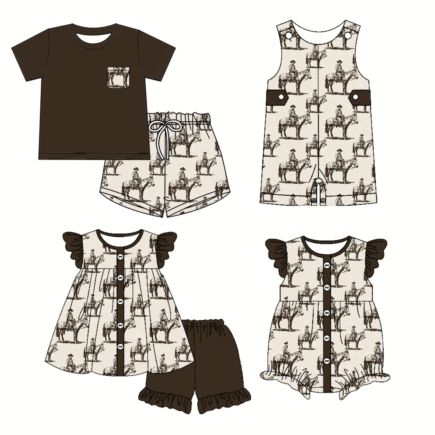 2.22 custom each style moq 5eta 4-6week Sibling Sister riding horse baby girl short sleeve shorts sets and sets 2 and boy romper and girl romper match design