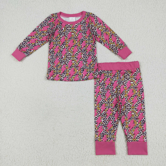 rts no moq GLP2393 Rose red lightning leopard print long sleeves and trousers pajama set