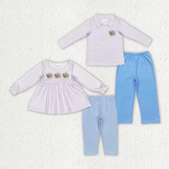 RTS NO MOQ Embroidered colorful turkey pattern boy and girl gray long-sleeved suit