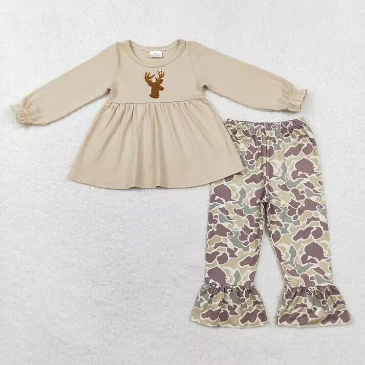 RTS NO MOQ Brown embroidered elk pattern long-sleeved suit & overalls & sleeveless romper & sleeveless zip-up vest