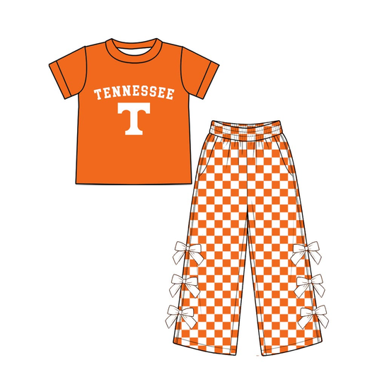 custom moq 5 mix size VACE0102 Baby Girls Team Short Sleeve Tee And Checkered Bow Wide Leg Pants Outfit
