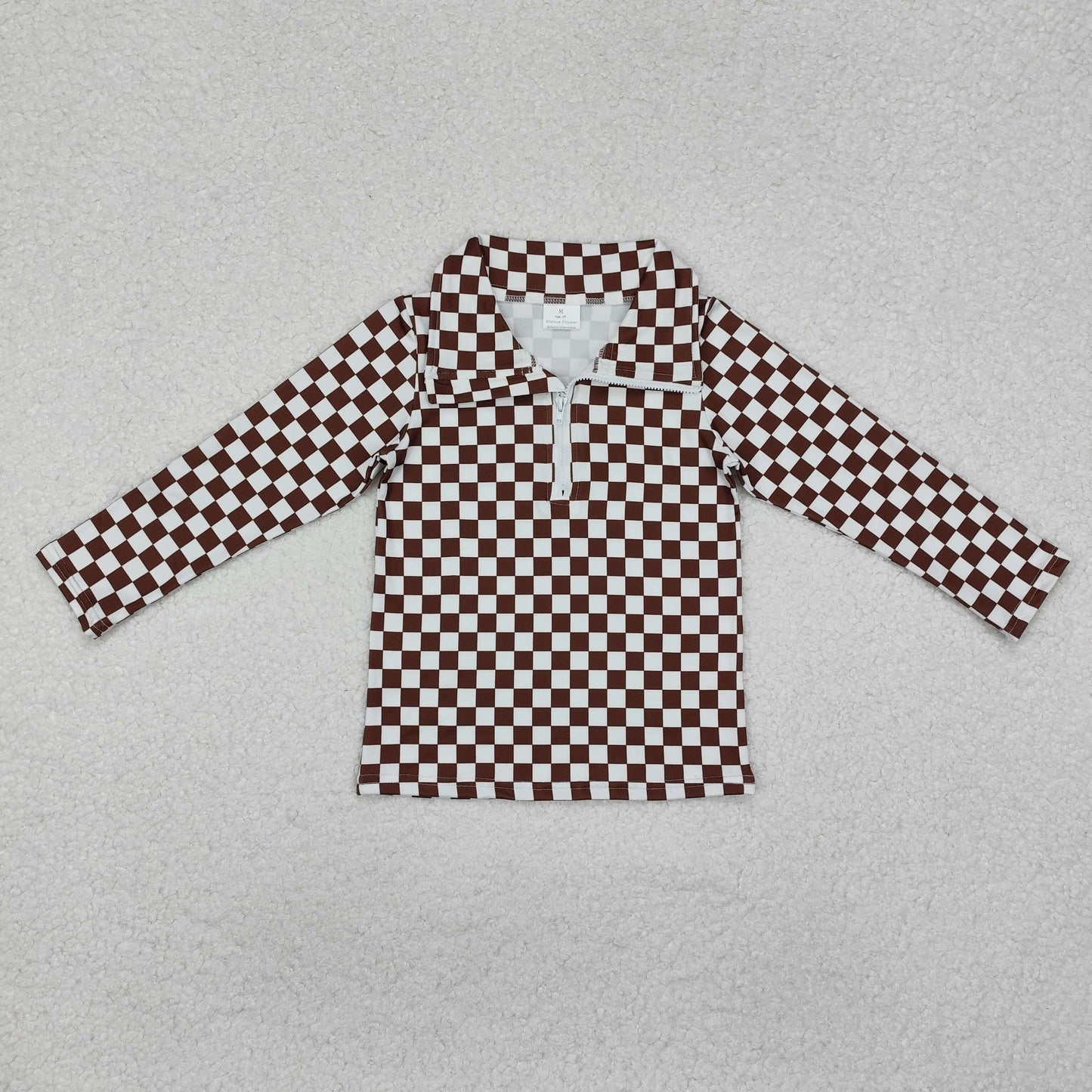 RTS NO MOQ ETA 5/7days Arrived GT0793 Brown Plaid Zip-Up Long Sleeve Top