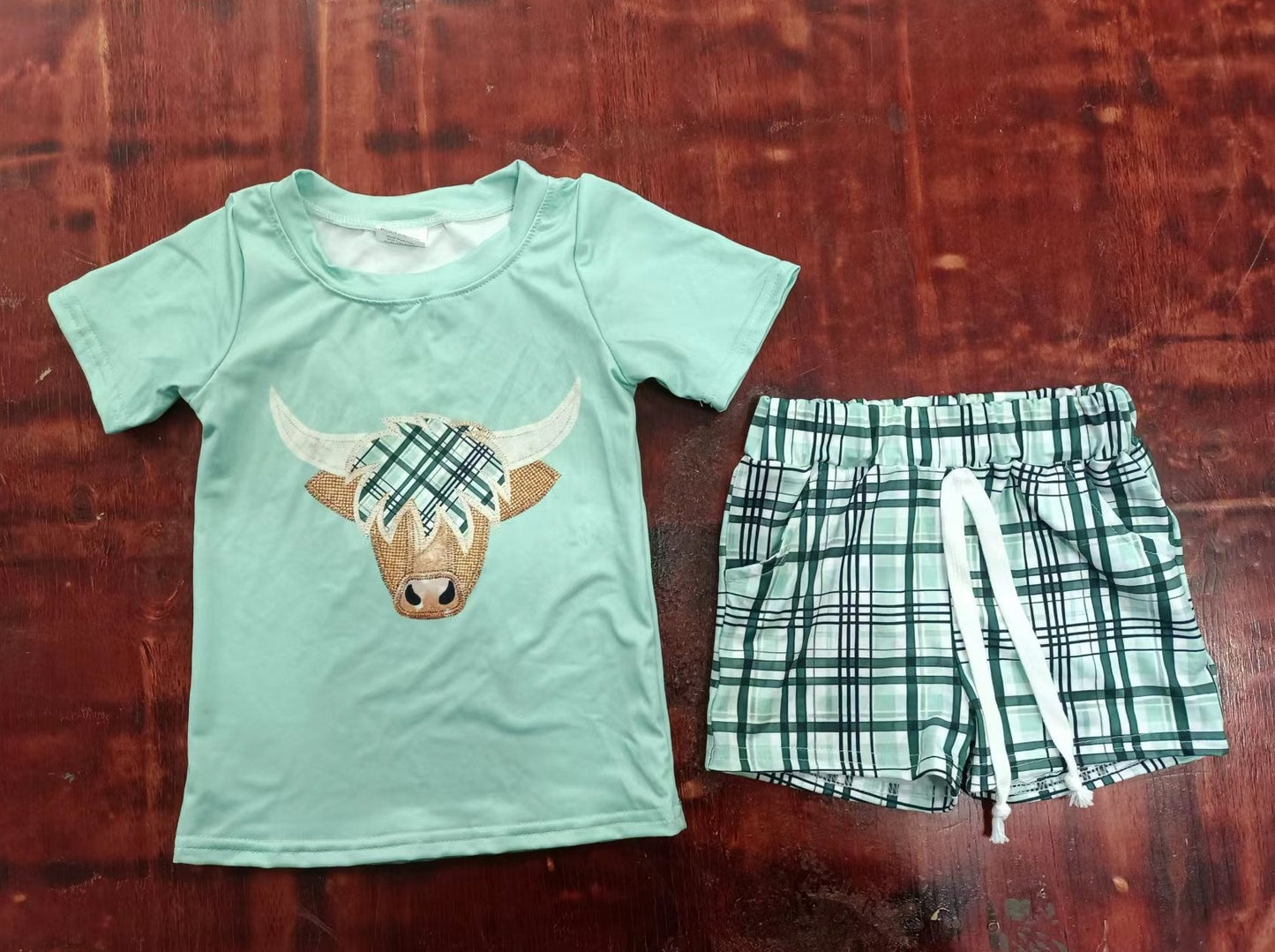 summer boys light green short sleeve grid shorts boys sets