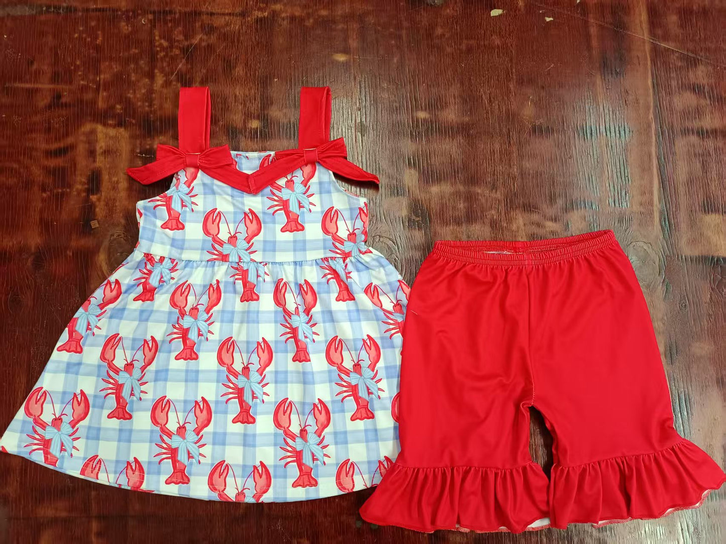 Custom moq 3 eta 6-7weeks baby girls clothes lobster red suspender shorts sets