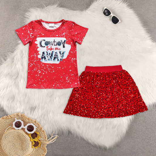 RTS NO MOQ GT0105+GLK0027 Cowboy Red short-sleeved top sequin skirt sets