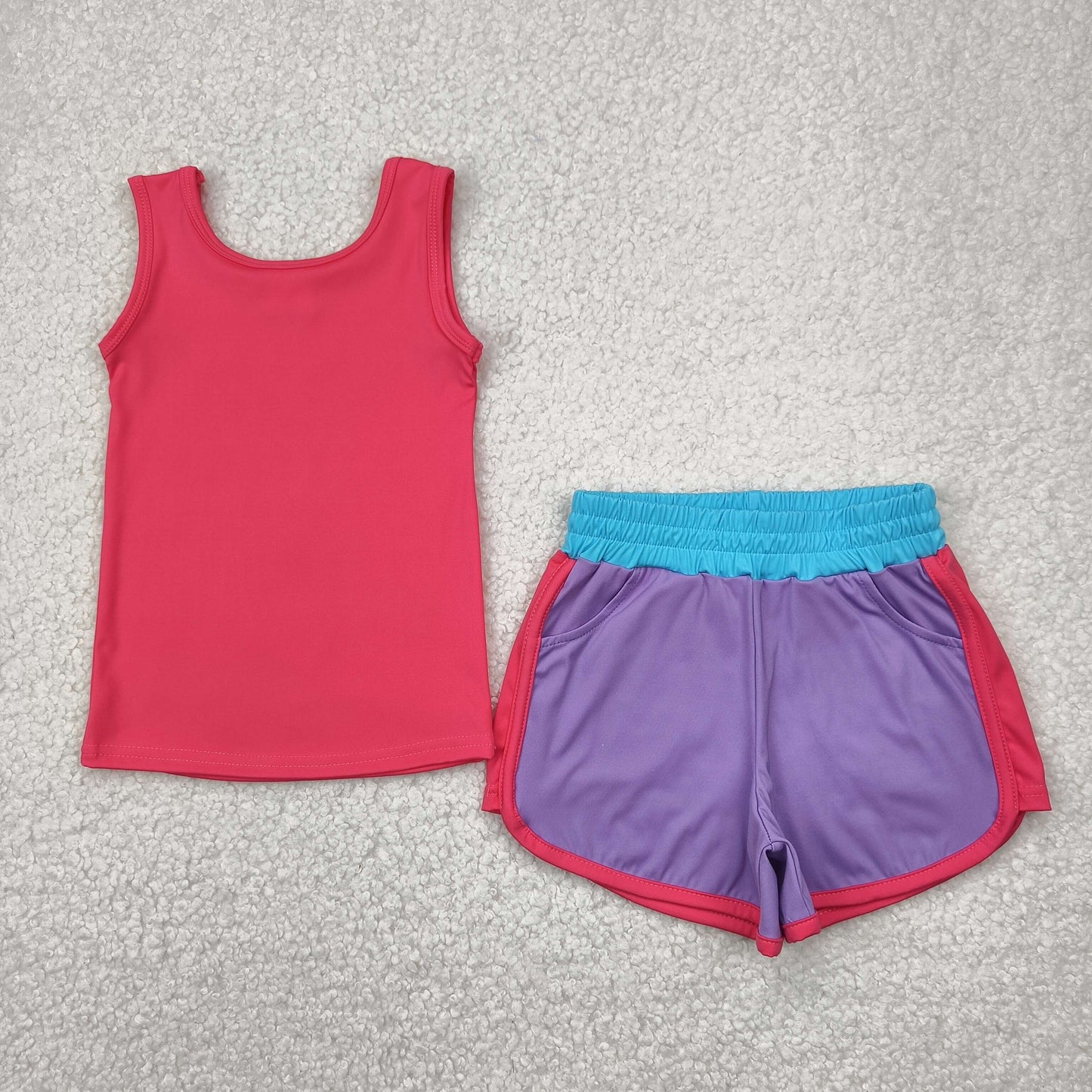 RTS NO MOQ GT0991+SS0555 Pure red sleeveless yoga vest purple and red contrast yoga shorts sets