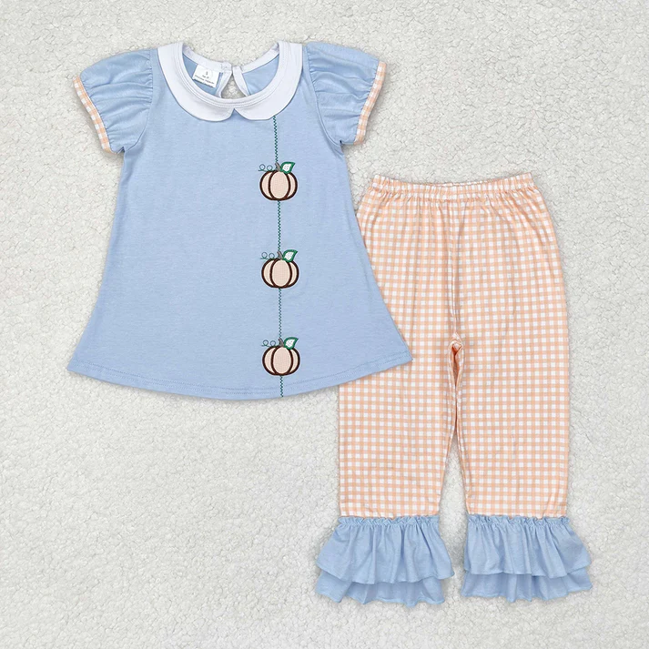 RTS NO MOQ Baby Girls Embroidery Pumpkins Sibling Rompers Clothes Sets embroidery