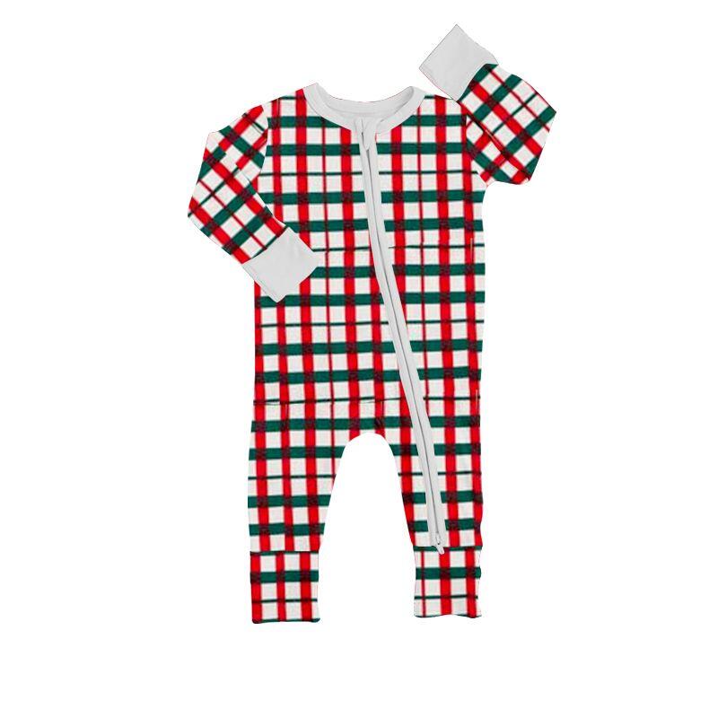 LR0755 red, green, plaid and white zipper long-sleeved jumpsuit