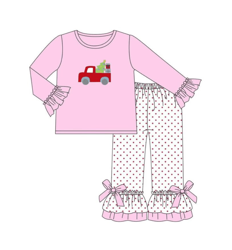 christmas custom moq 5 eta 4-5weeks Pink long-sleeved trousers suit with Christmas truck  girls sets print