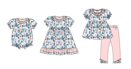 12.2 custom each style moq 5eta 4-6week Sibling Sister floral baby girl sets and dress and rompers match family design