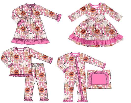 25.7.8 custom each style moq 5 eta 4-6week Sibling Sisters pumpkin ghost floral bow baby girl long sleeve pants sets and romper and dress 1 and dress 2 match family design