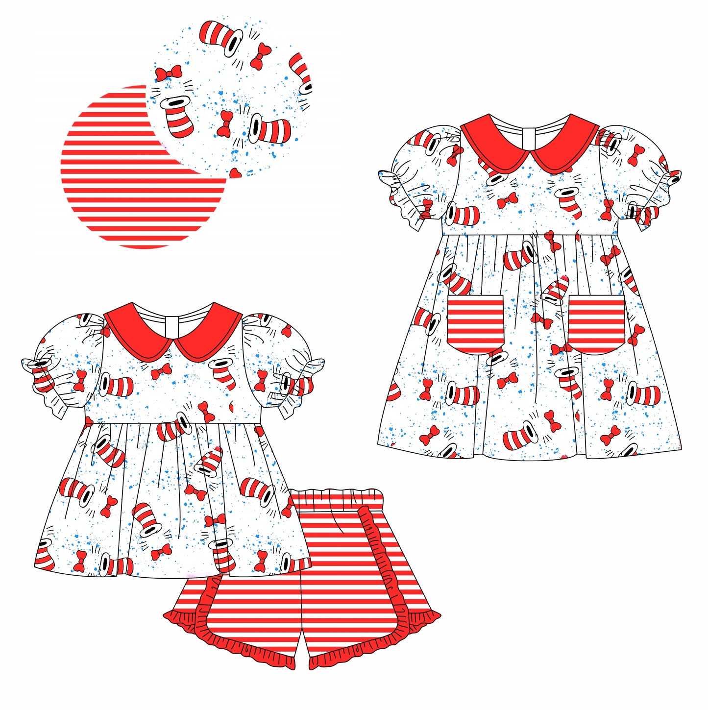 11.13 custom each style moq 5eta 4-6week Sibling Sister dr seuss baby girl short sleeve shorts sets and briefs sets and dresses match design