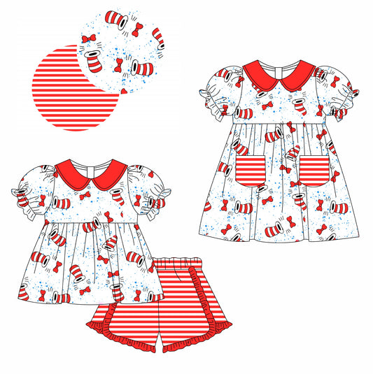11.13 custom each style moq 5eta 4-6week Sibling Sister dr seuss baby girl short sleeve shorts sets and briefs sets and dresses match design