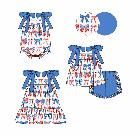 2.27 custom each style moq 5eta 4-6week Sibling Sister bow baby girl short sleeve shorts sets and dress and rompers match family design