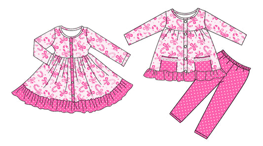25.8.27 custom each style moq 5eta 4-6week Sibling Sisters Christmas bow pink baby girl long sleeve pants sets and dress match family design