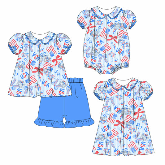 3.24 custom each style moq 5eta 4-6week Sibling Sisters USA bow baby girl short sleeve shorts sets and dress and rompers match family design
