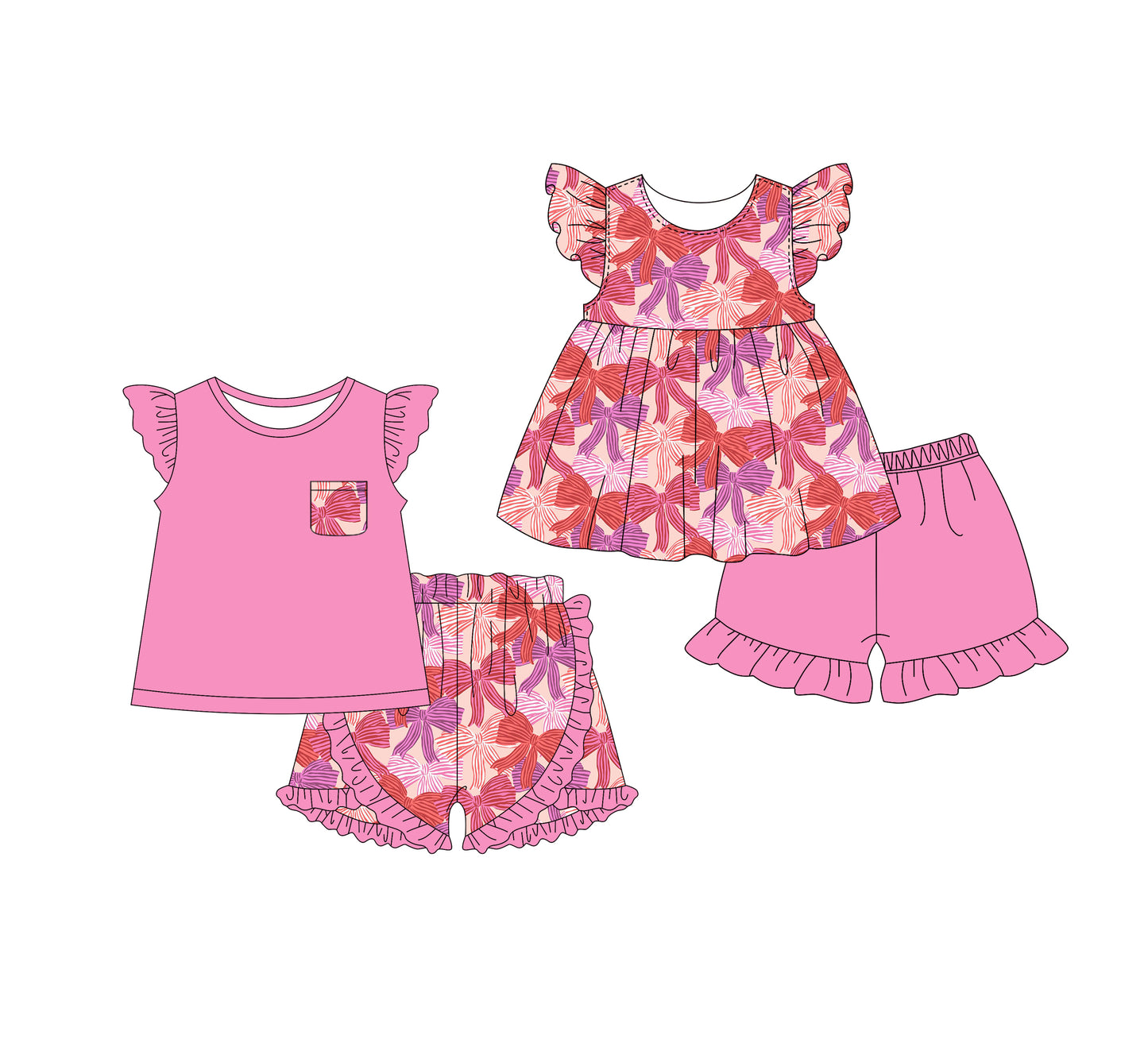 1.16 custom each style moq 5eta 4-6week Sibling Sister bow baby girl short sleeve shorts sets and dresses match design